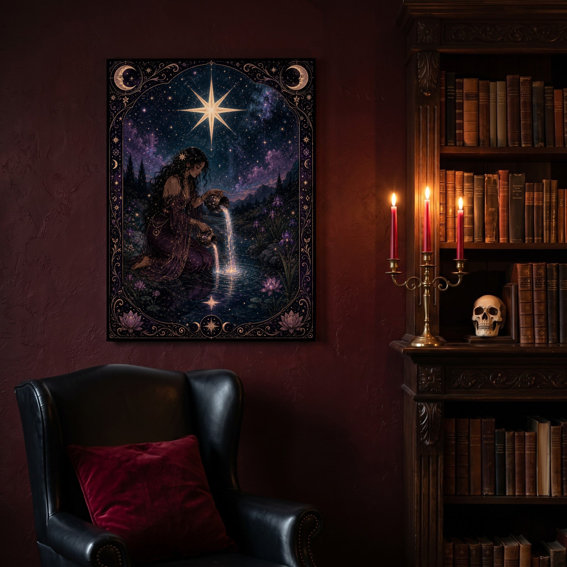 Nocturne Tarot: The Star canvas hanging on a deep oxblood wall in a reading nook, above a black leather wingback chair with a red velvet cushion, beside a carved bookcase of antique books, a brass candelabra of lit red tapers and a human skull on the shelf.