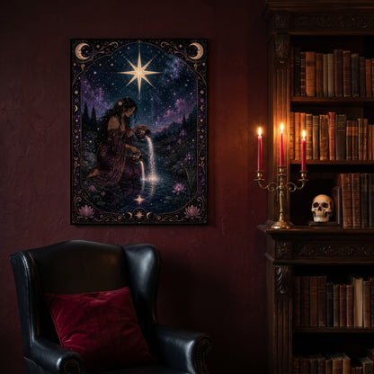 Nocturne Tarot: The Star canvas hanging on a deep oxblood wall in a reading nook, above a black leather wingback chair with a red velvet cushion, beside a carved bookcase of antique books, a brass candelabra of lit red tapers and a human skull on the shelf.