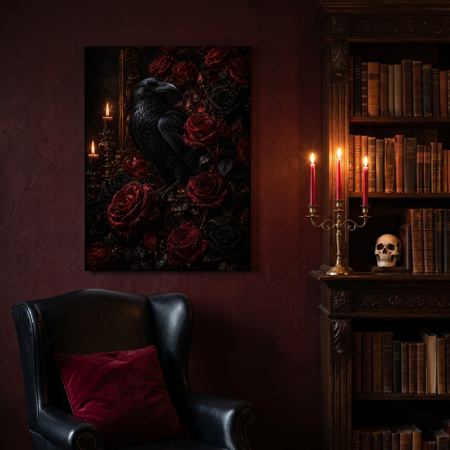 Lenore rose canvas hanging on a deep oxblood wall in a reading nook, above a black leather wingback chair with a red velvet cushion, beside a carved bookcase of antique books, a brass candelabra of lit red tapers and a human skull on the shelf.