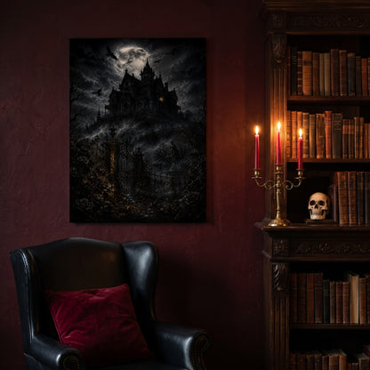 Ravensward canvas hanging on a deep oxblood wall in a reading nook, above a black leather wingback chair with a red velvet cushion, beside a carved bookcase of antique books, a brass candelabra of lit red tapers and a human skull on the shelf.