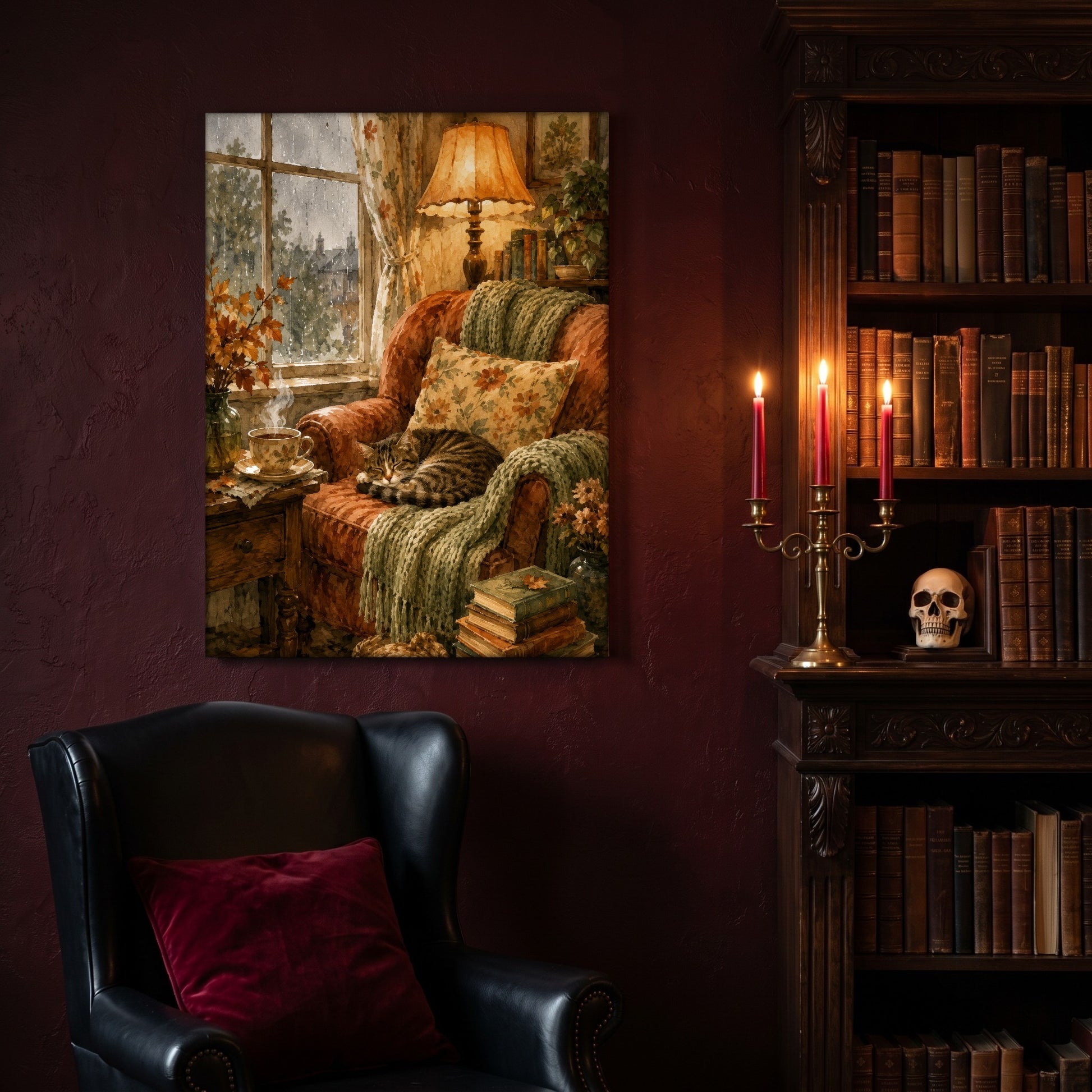 Tabby's Teatime Nap canvas hanging above a black tufted leather sofa draped with a burgundy throw, in a cobwebbed oxblood parlour lit by black taper candles and a hanging chandelier, with a skull and books on the side table.