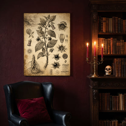 Belladonna botanical canvas hanging on a deep oxblood wall in a reading nook, above a black leather wingback chair with a red velvet cushion, beside a carved bookcase of antique books, a brass candelabra of lit red tapers and a human skull on the shelf.