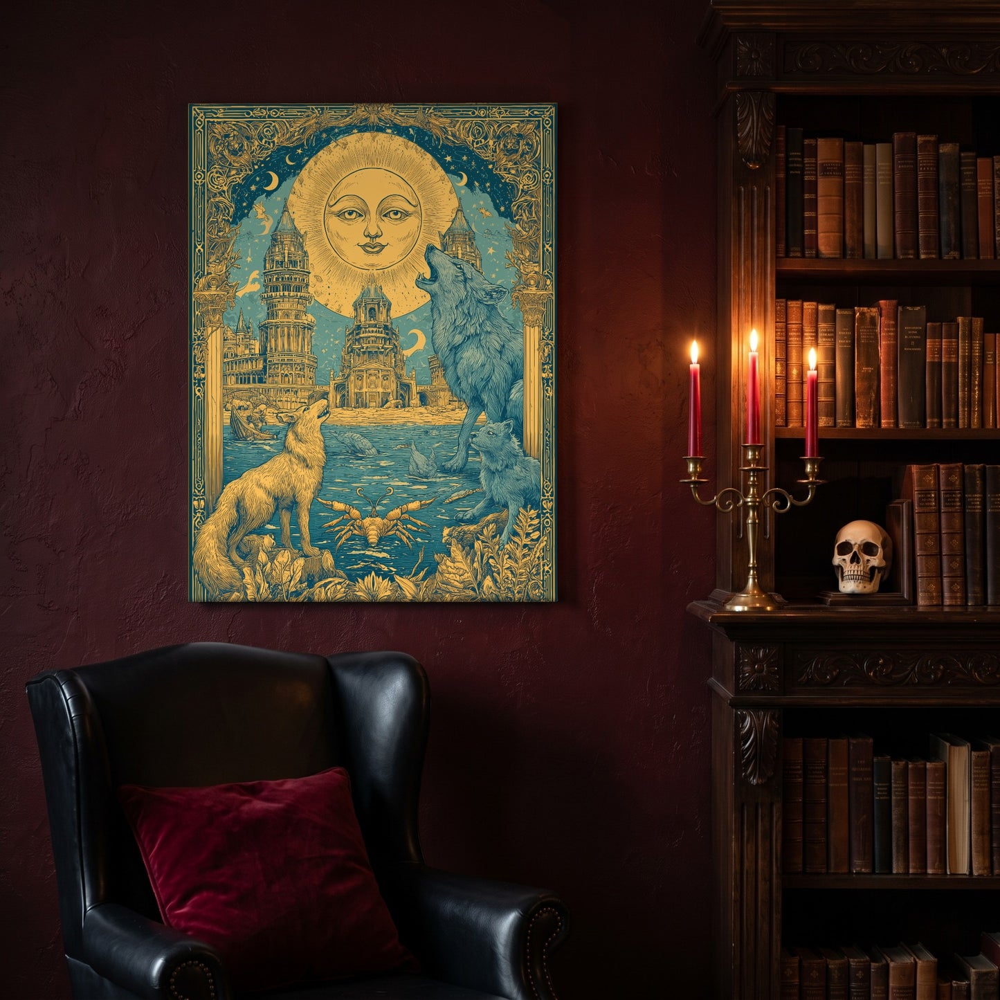 The Sunken Court whimsigoth canvas hanging on a deep oxblood wall in a reading nook, above a black leather wingback chair with a red velvet cushion, beside a carved bookcase of antique books, a brass candelabra of lit red tapers and a human skull on the shelf.