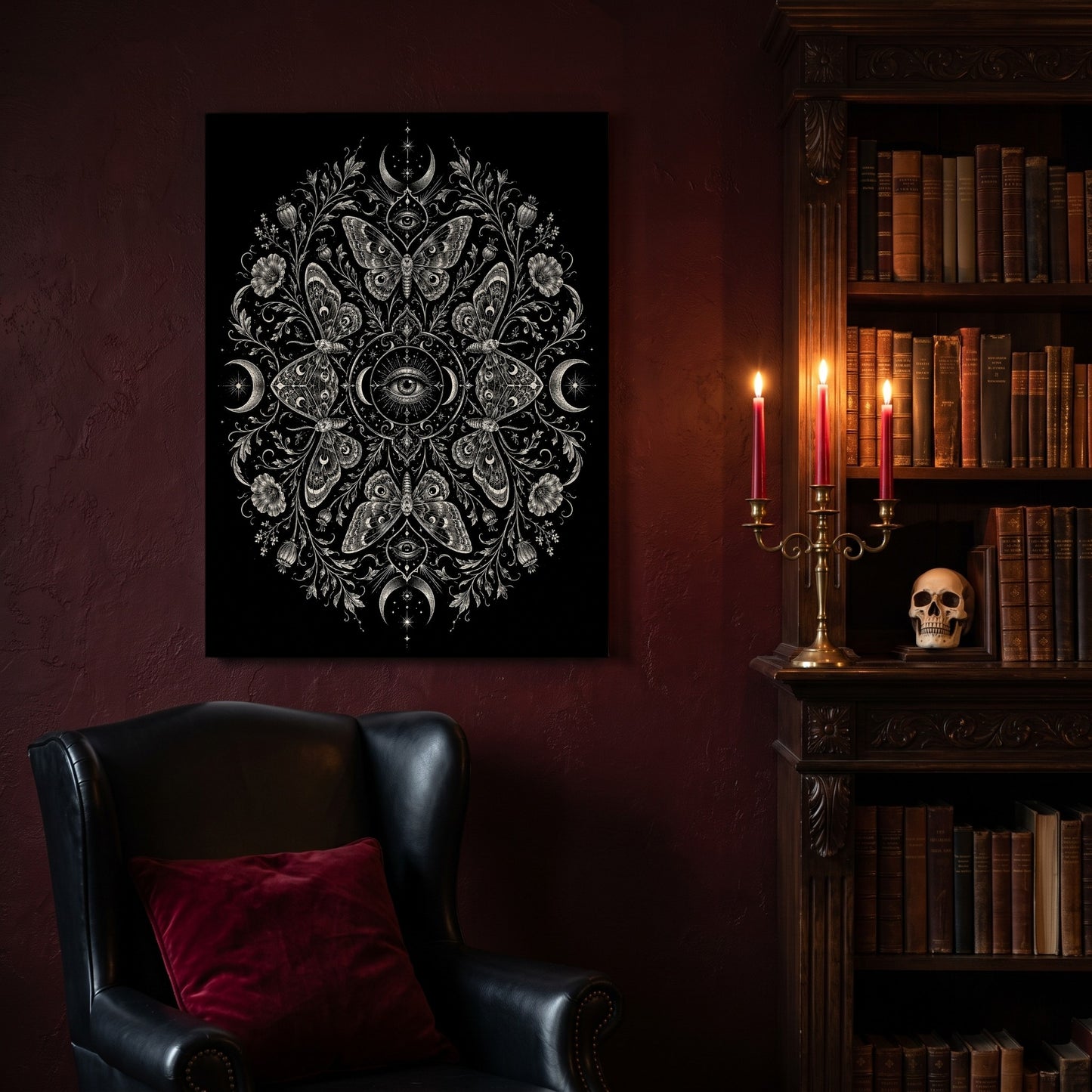 Argus protection sigil canvas hanging on a deep oxblood wall in a reading nook, above a black leather wingback chair with a red velvet cushion, beside a carved bookcase of antique books, a brass candelabra of lit red tapers and a human skull on the shelf.