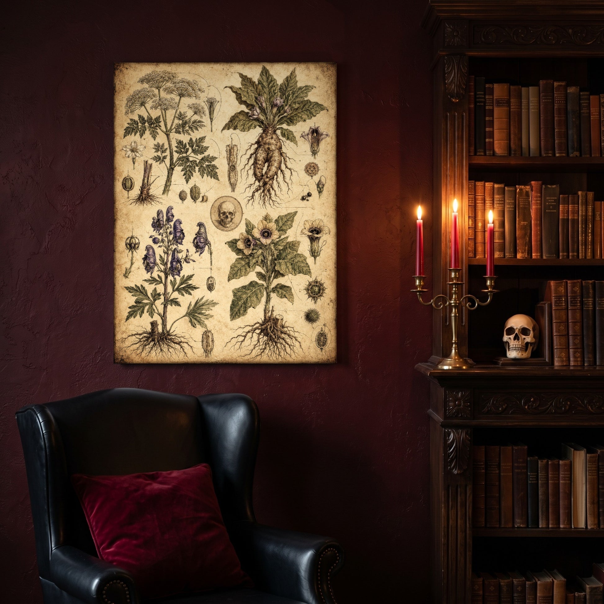 Poison Garden apothecary canvas hanging on a deep oxblood wall in a reading nook, above a black leather wingback chair with a red velvet cushion, beside a carved bookcase of antique books, a brass candelabra of lit red tapers and a human skull on the shelf.