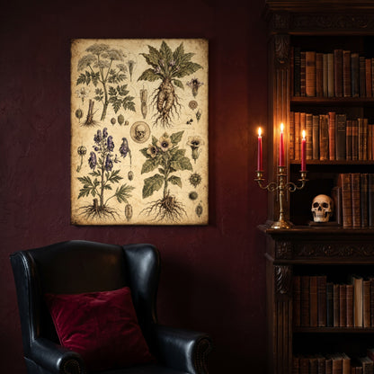 Poison Garden apothecary canvas hanging on a deep oxblood wall in a reading nook, above a black leather wingback chair with a red velvet cushion, beside a carved bookcase of antique books, a brass candelabra of lit red tapers and a human skull on the shelf.