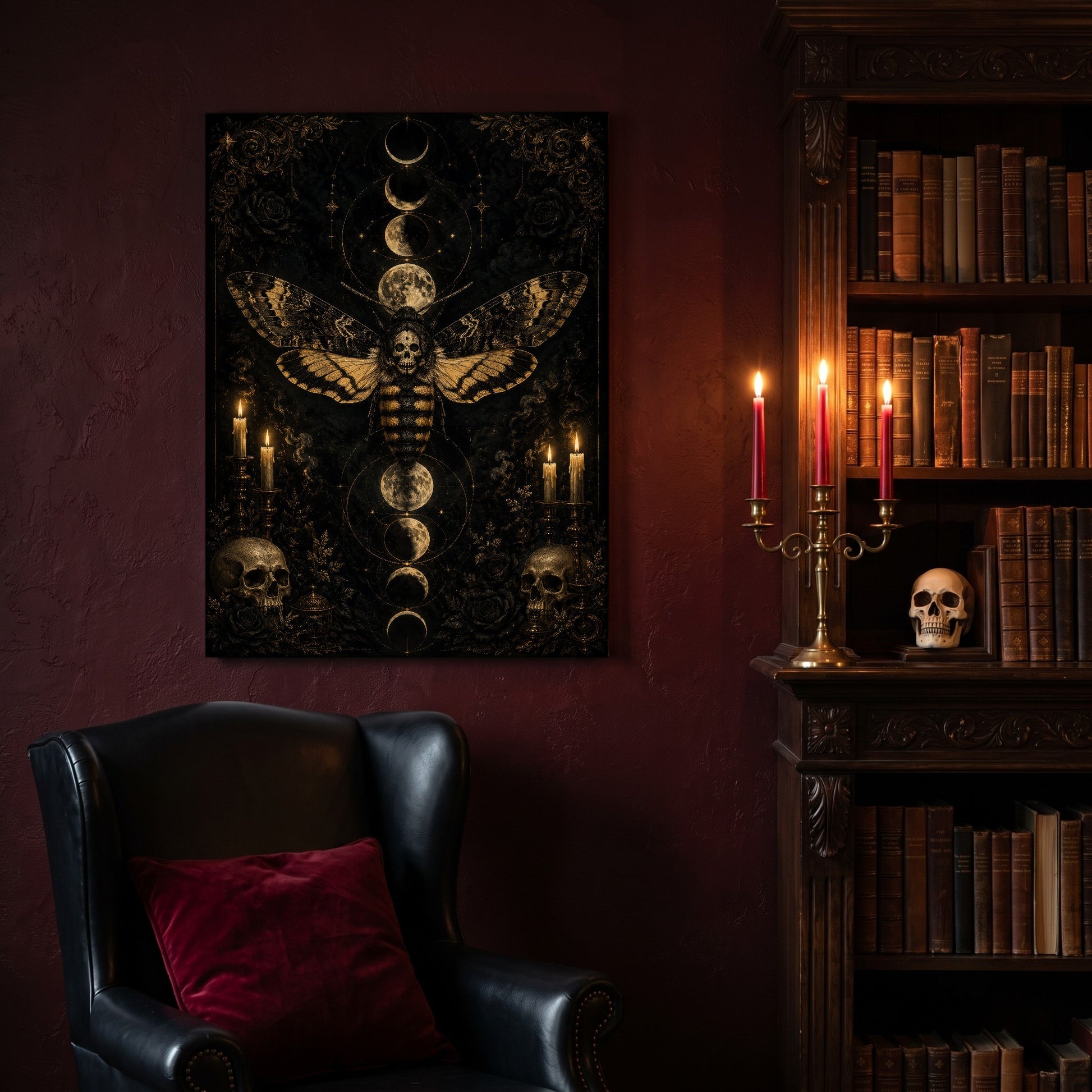 Acherontia canvas hanging on a deep oxblood wall in a reading nook, above a black leather wingback chair with a red velvet cushion, beside a carved bookcase of antique books, a brass candelabra of lit red tapers and a human skull on the shelf.