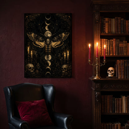 Acherontia canvas hanging on a deep oxblood wall in a reading nook, above a black leather wingback chair with a red velvet cushion, beside a carved bookcase of antique books, a brass candelabra of lit red tapers and a human skull on the shelf.