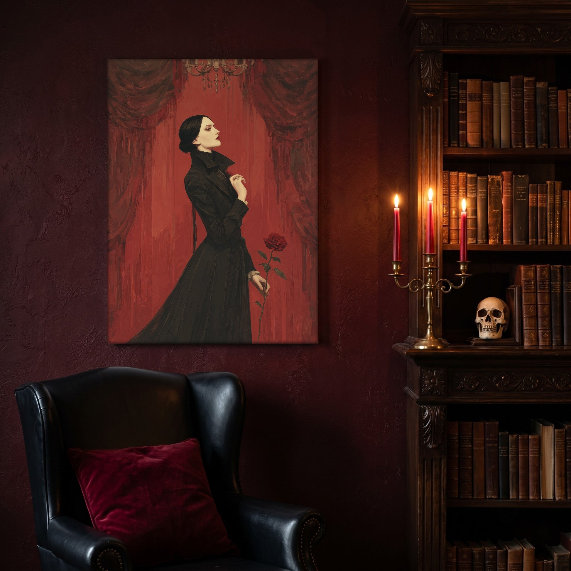 The Countess portrait canvas hanging on a deep oxblood wall in a reading nook, above a black leather wingback chair with a red velvet cushion, beside a carved bookcase of antique books, a brass candelabra of lit red tapers and a human skull on the shelf.