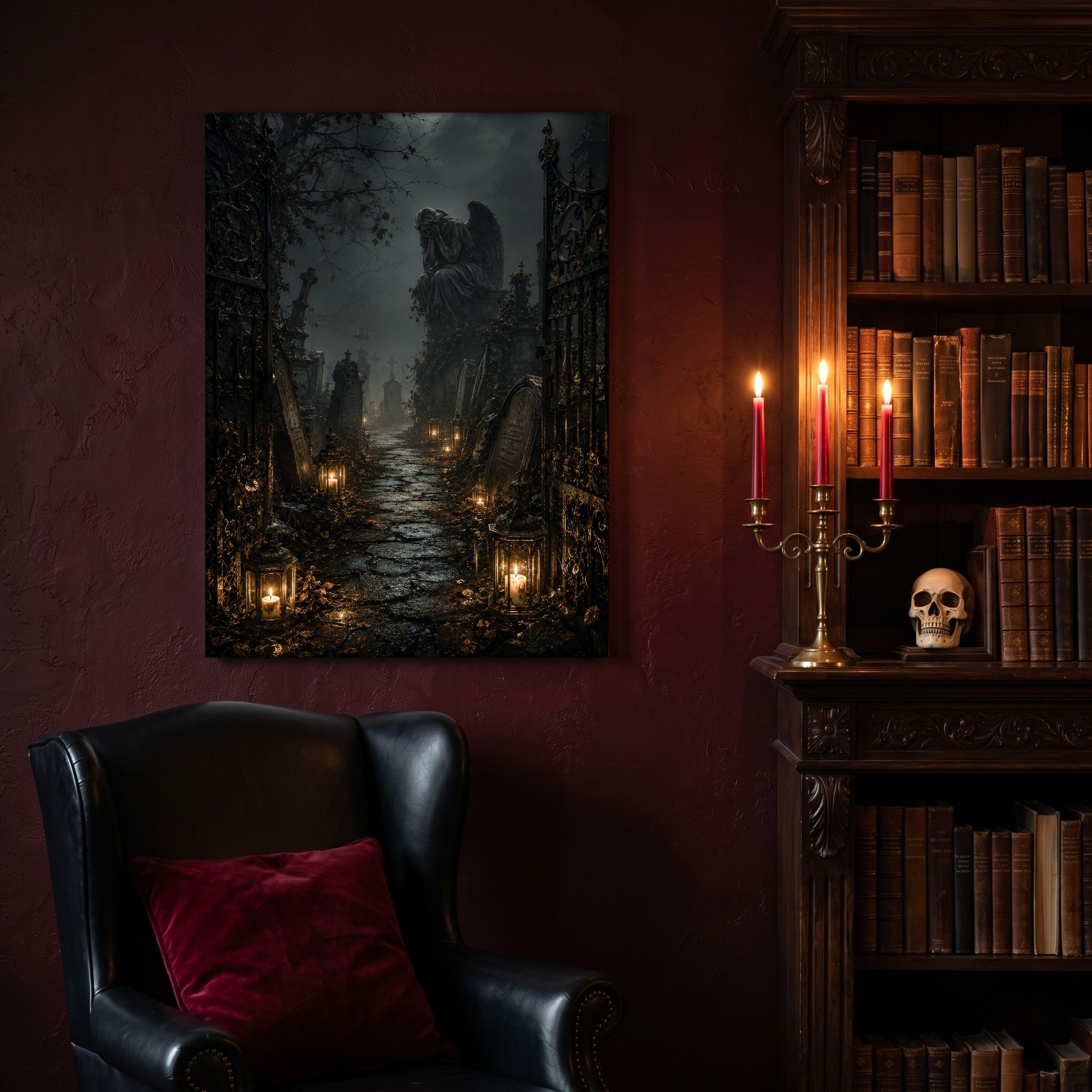 The Lychgate canvas hanging on a deep oxblood wall in a reading nook, above a black leather wingback chair with a red velvet cushion, beside a carved bookcase of antique books, a brass candelabra of lit red tapers and a human skull on the shelf.