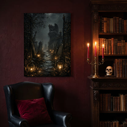 The Lychgate canvas hanging on a deep oxblood wall in a reading nook, above a black leather wingback chair with a red velvet cushion, beside a carved bookcase of antique books, a brass candelabra of lit red tapers and a human skull on the shelf.