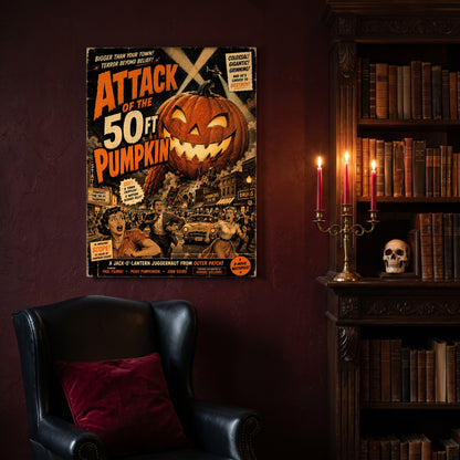 The Pumpkin That Ate Main Street canvas hanging on a deep oxblood wall in a reading nook, above a black leather wingback chair with a red velvet cushion, beside a carved bookcase of antique books, a brass candelabra of lit red tapers and a human skull on the shelf.