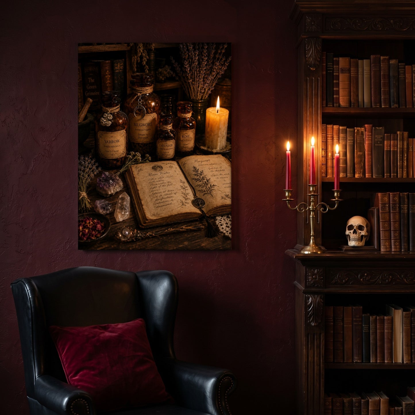 The Still Room witchy still life hanging on a deep oxblood wall in a reading nook, above a black leather wingback chair with a red velvet cushion, beside a carved bookcase of antique books, a brass candelabra of lit red tapers and a human skull on the shelf.