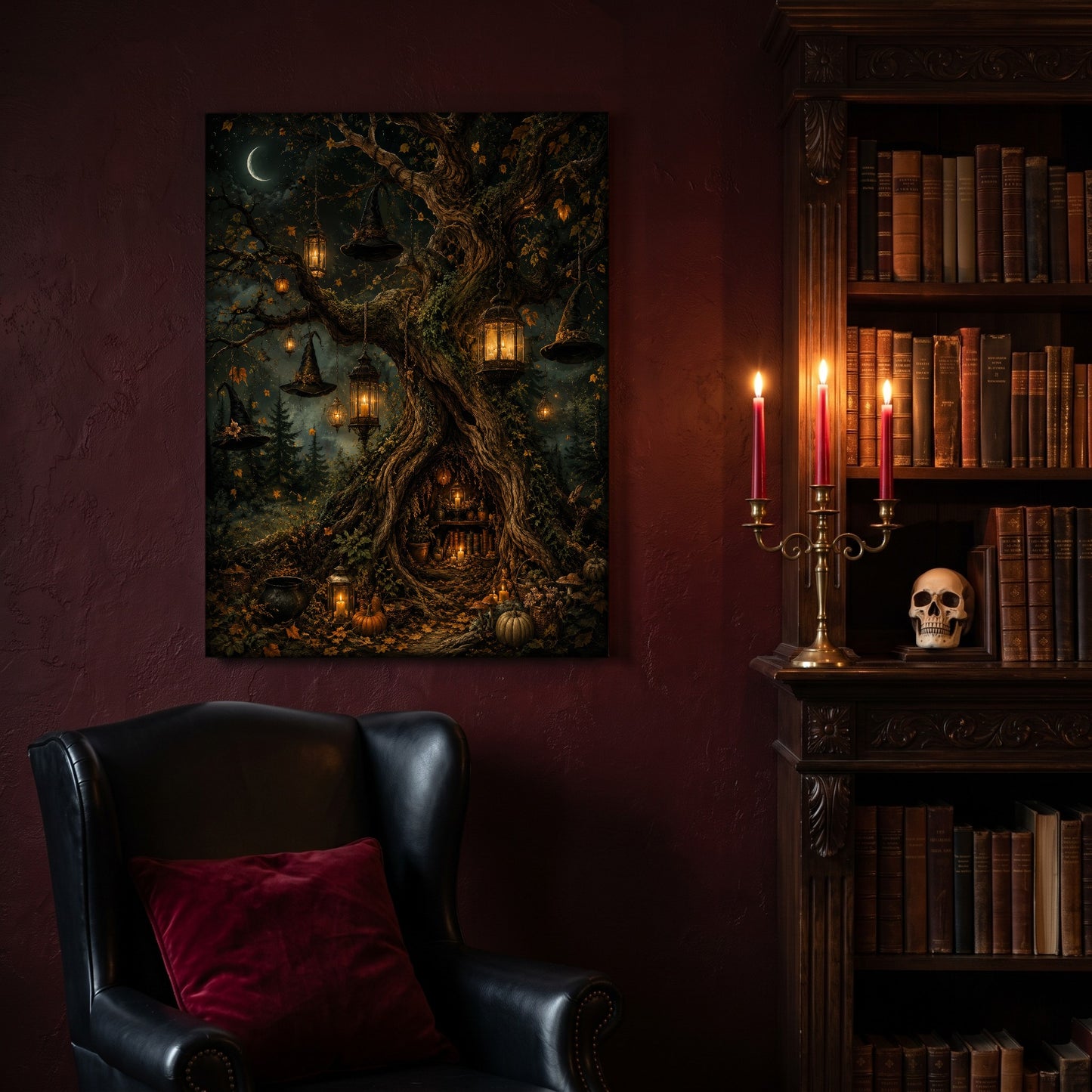 Ember Hollow canvas hanging on a deep oxblood wall in a reading nook, above a black leather wingback chair with a red velvet cushion, beside a carved bookcase of antique books, a brass candelabra of lit red tapers and a human skull on the shelf.