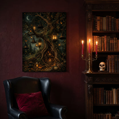 Ember Hollow canvas hanging on a deep oxblood wall in a reading nook, above a black leather wingback chair with a red velvet cushion, beside a carved bookcase of antique books, a brass candelabra of lit red tapers and a human skull on the shelf.