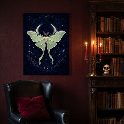 Verdigris celestial canvas hanging on a deep oxblood wall in a reading nook, above a black leather wingback chair with a red velvet cushion, beside a carved bookcase of antique books, a brass candelabra of lit red tapers and a human skull on the shelf.