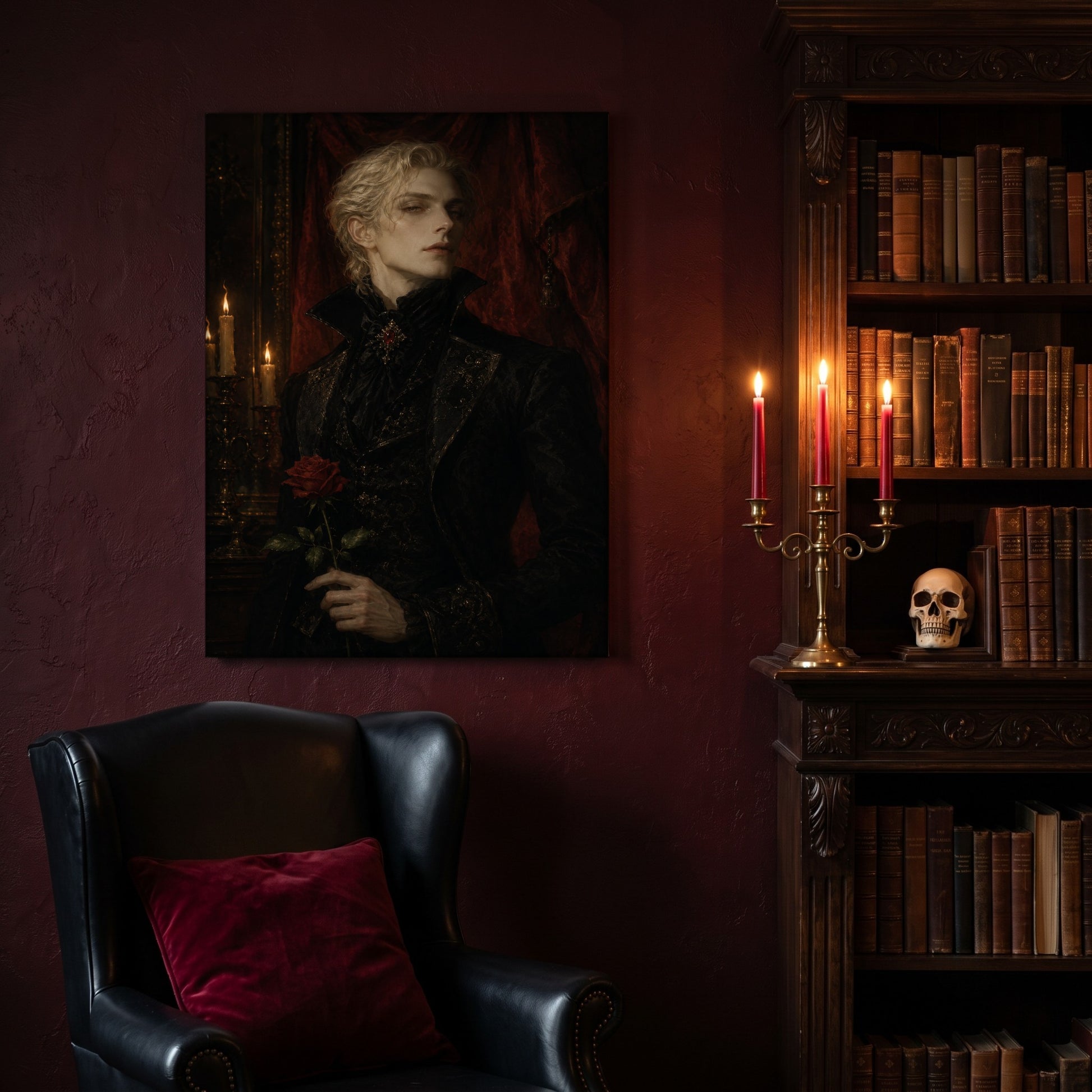 The Aesthete canvas hanging on a deep oxblood wall in a reading nook, above a black leather wingback chair with a red velvet cushion, beside a carved bookcase of antique books, a brass candelabra of lit red tapers and a human skull on the shelf.