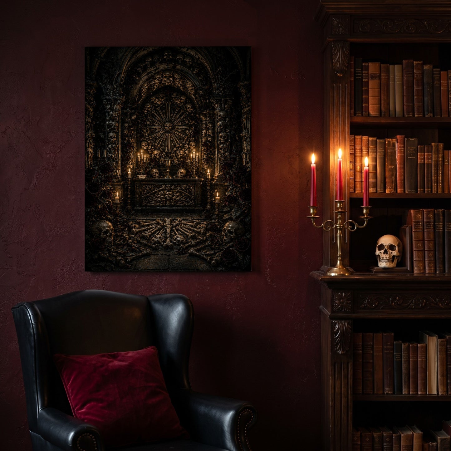 Charnel canvas hanging on a deep oxblood wall in a reading nook, above a black leather wingback chair with a red velvet cushion, beside a carved bookcase of antique books, a brass candelabra of lit red tapers and a human skull on the shelf.