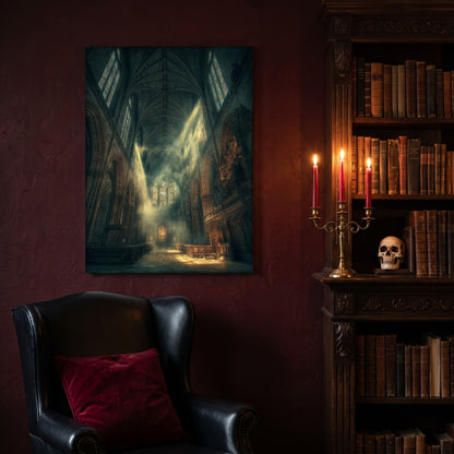 Compline canvas hanging on a deep oxblood wall in a reading nook, above a black leather wingback chair with a red velvet cushion, beside a carved bookcase of antique books, a brass candelabra of lit red tapers and a human skull on the shelf.
