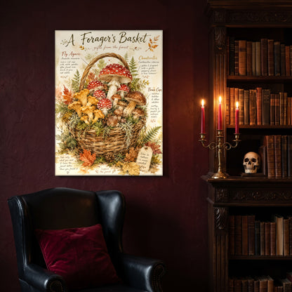 A Forager's Basket canvas hanging on a deep oxblood wall in a reading nook, above a black leather wingback chair with a red velvet cushion, beside a carved bookcase of antique books, a brass candelabra of lit red tapers and a human skull on the shelf.