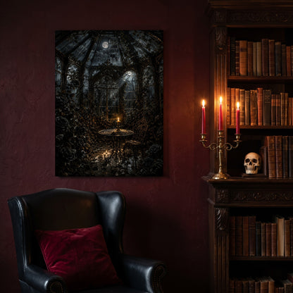The Winter Garden canvas hanging on a deep oxblood wall in a reading nook, above a black leather wingback chair with a red velvet cushion, beside a carved bookcase of antique books, a brass candelabra of lit red tapers and a human skull on the shelf.