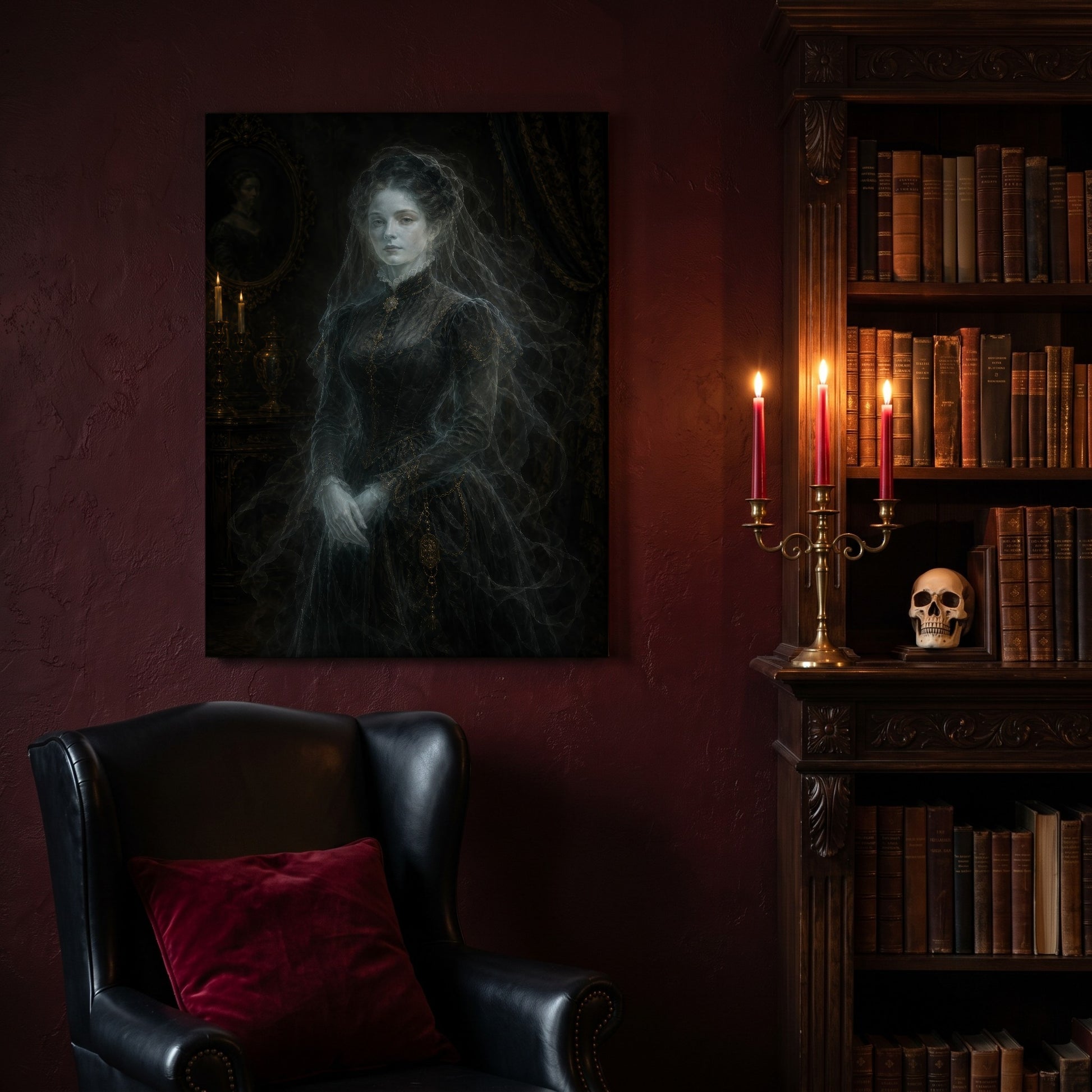 The Grey Lady canvas hanging on a deep oxblood wall in a reading nook, above a black leather wingback chair with a red velvet cushion, beside a carved bookcase of antique books, a brass candelabra of lit red tapers and a human skull on the shelf.