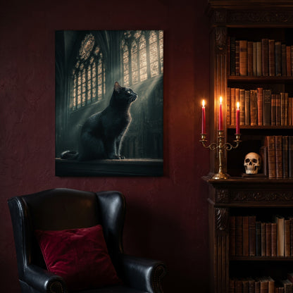 Grimalkin canvas hanging on a deep oxblood wall in a reading nook, above a black leather wingback chair with a red velvet cushion, beside a carved bookcase of antique books, a brass candelabra of lit red tapers and a human skull on the shelf.