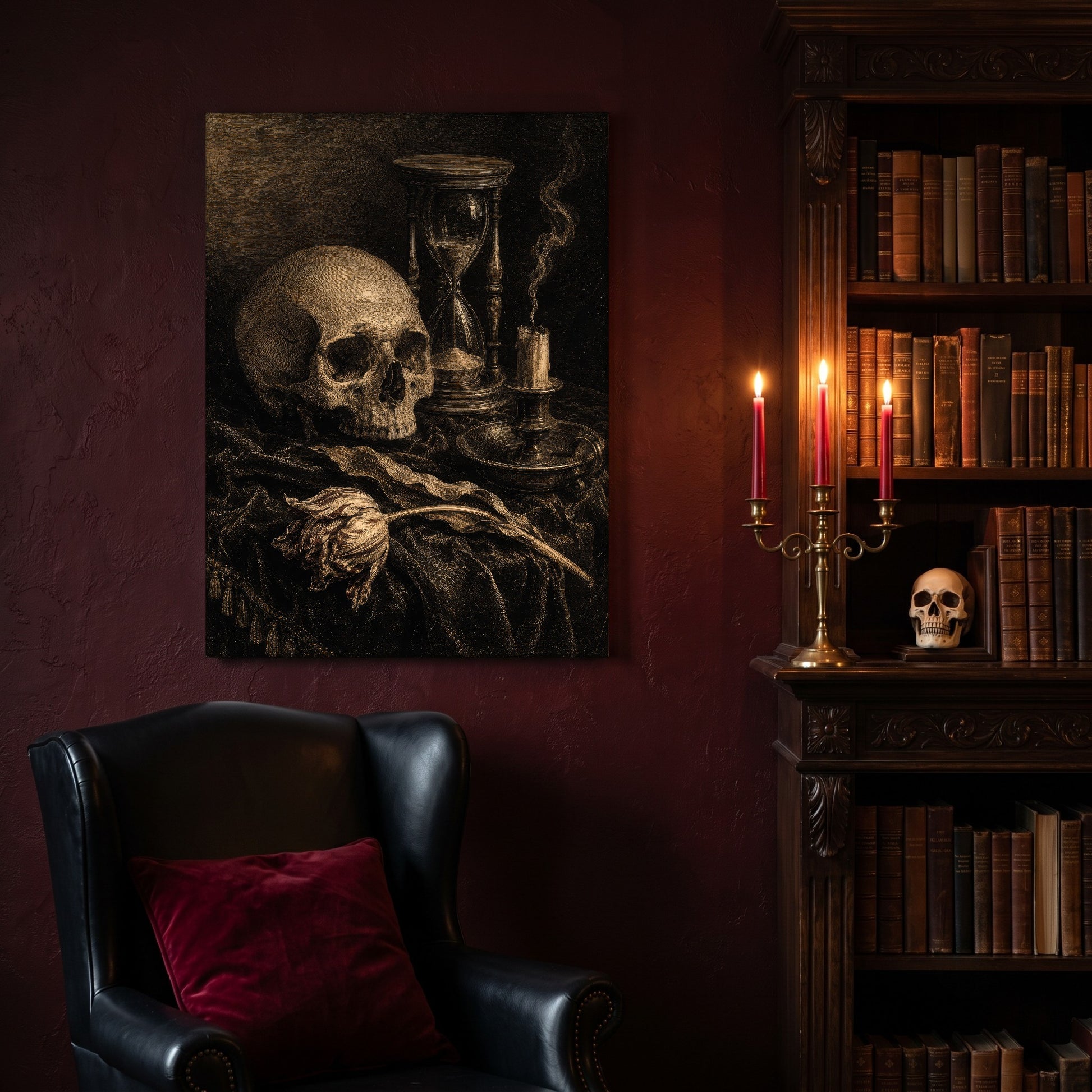 Compline hourglass canvas hanging on a deep oxblood wall in a reading nook, above a black leather wingback chair with a red velvet cushion, beside a carved bookcase of antique books, a brass candelabra of lit red tapers and a human skull on the shelf.