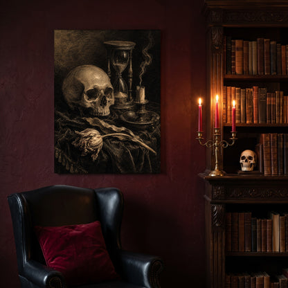 Compline hourglass canvas hanging on a deep oxblood wall in a reading nook, above a black leather wingback chair with a red velvet cushion, beside a carved bookcase of antique books, a brass candelabra of lit red tapers and a human skull on the shelf.