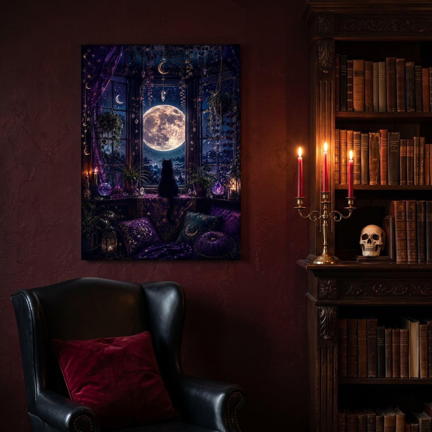 Witch's Window canvas hanging on a deep oxblood wall in a reading nook, above a black leather wingback chair with a red velvet cushion, beside a carved bookcase of antique books, a brass candelabra of lit red tapers and a human skull on the shelf.