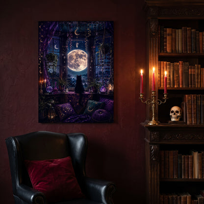 Witch's Window canvas hanging on a deep oxblood wall in a reading nook, above a black leather wingback chair with a red velvet cushion, beside a carved bookcase of antique books, a brass candelabra of lit red tapers and a human skull on the shelf.