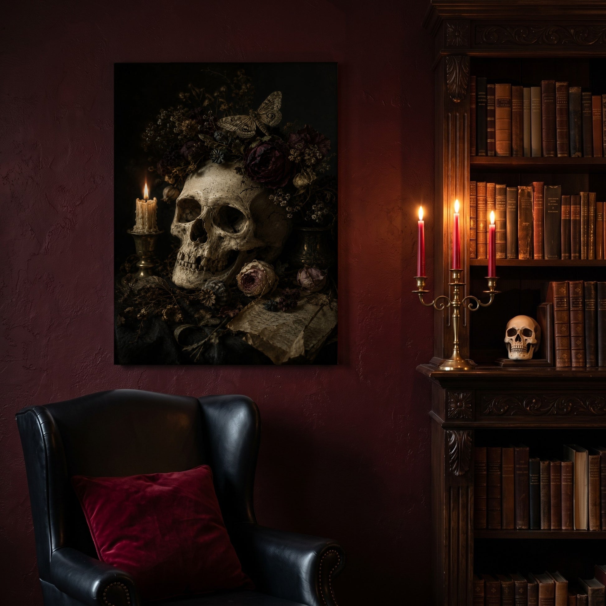 Requiem vanitas canvas hanging on a deep oxblood wall in a reading nook, above a black leather wingback chair with a red velvet cushion, beside a carved bookcase of antique books, a brass candelabra of lit red tapers and a human skull on the shelf.