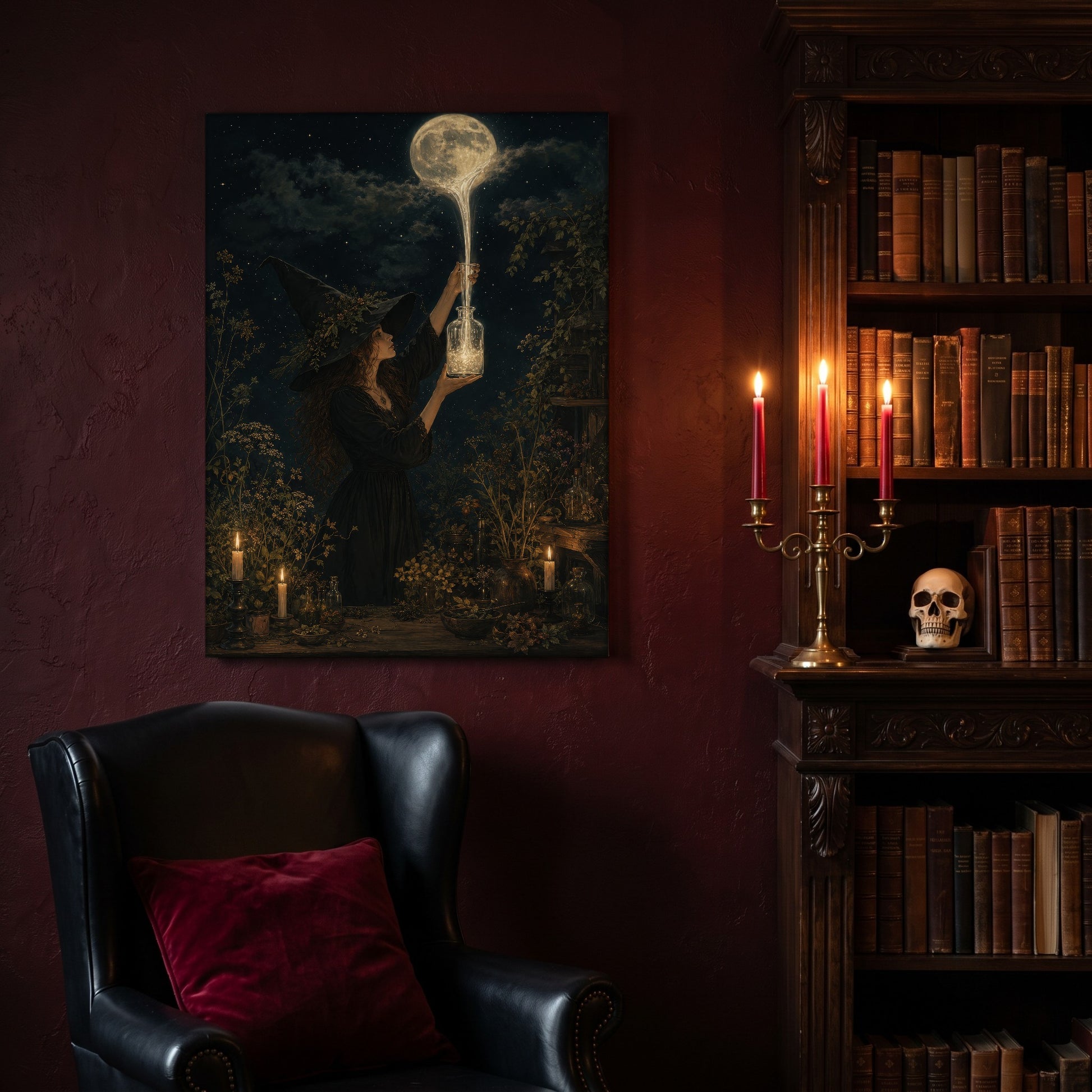Moonfall canvas hanging on a deep oxblood wall in a reading nook, above a black leather wingback chair with a red velvet cushion, beside a carved bookcase of antique books, a brass candelabra of lit red tapers and a human skull on the shelf.