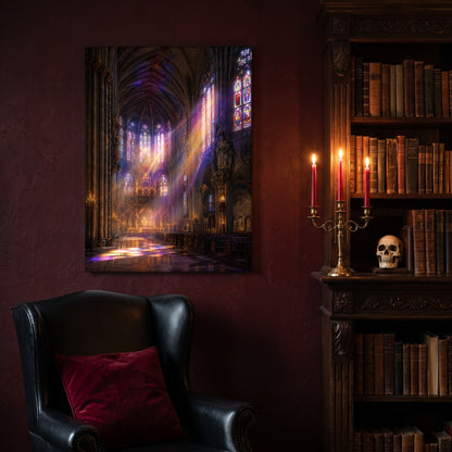 Gloria canvas hanging on a deep oxblood wall in a reading nook, above a black leather wingback chair with a red velvet cushion, beside a carved bookcase of antique books, a brass candelabra of lit red tapers and a human skull on the shelf.