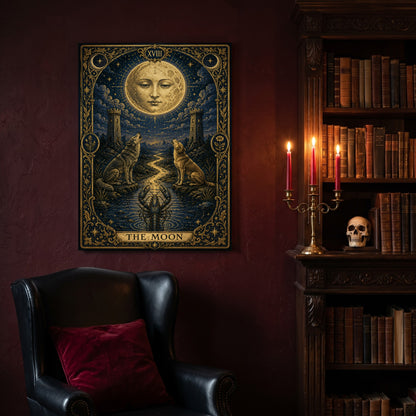 La Lune tarot canvas hanging on a deep oxblood wall in a reading nook, above a black leather wingback chair with a red velvet cushion, beside a carved bookcase of antique books, a brass candelabra of lit red tapers and a human skull on the shelf.