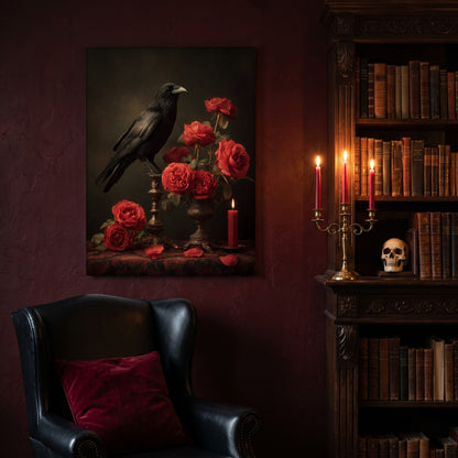Vermilion still life canvas hanging on a deep oxblood wall in a reading nook, above a black leather wingback chair with a red velvet cushion, beside a carved bookcase of antique books, a brass candelabra of lit red tapers and a human skull on the shelf.