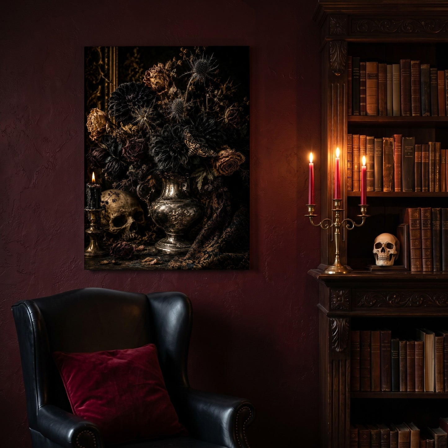 Threnody canvas hanging on a deep oxblood wall in a reading nook, above a black leather wingback chair with a red velvet cushion, beside a carved bookcase of antique books, a brass candelabra of lit red tapers and a human skull on the shelf.