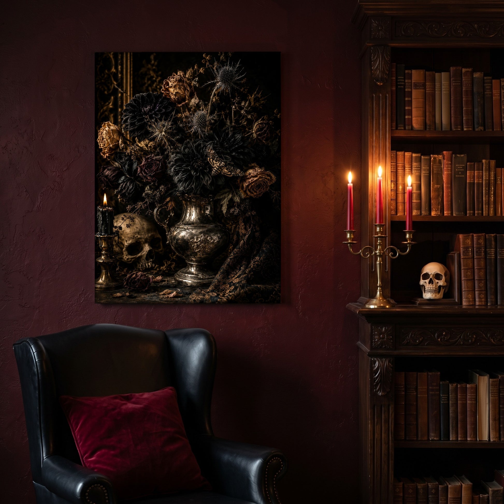 Threnody canvas hanging on a deep oxblood wall in a reading nook, above a black leather wingback chair with a red velvet cushion, beside a carved bookcase of antique books, a brass candelabra of lit red tapers and a human skull on the shelf.