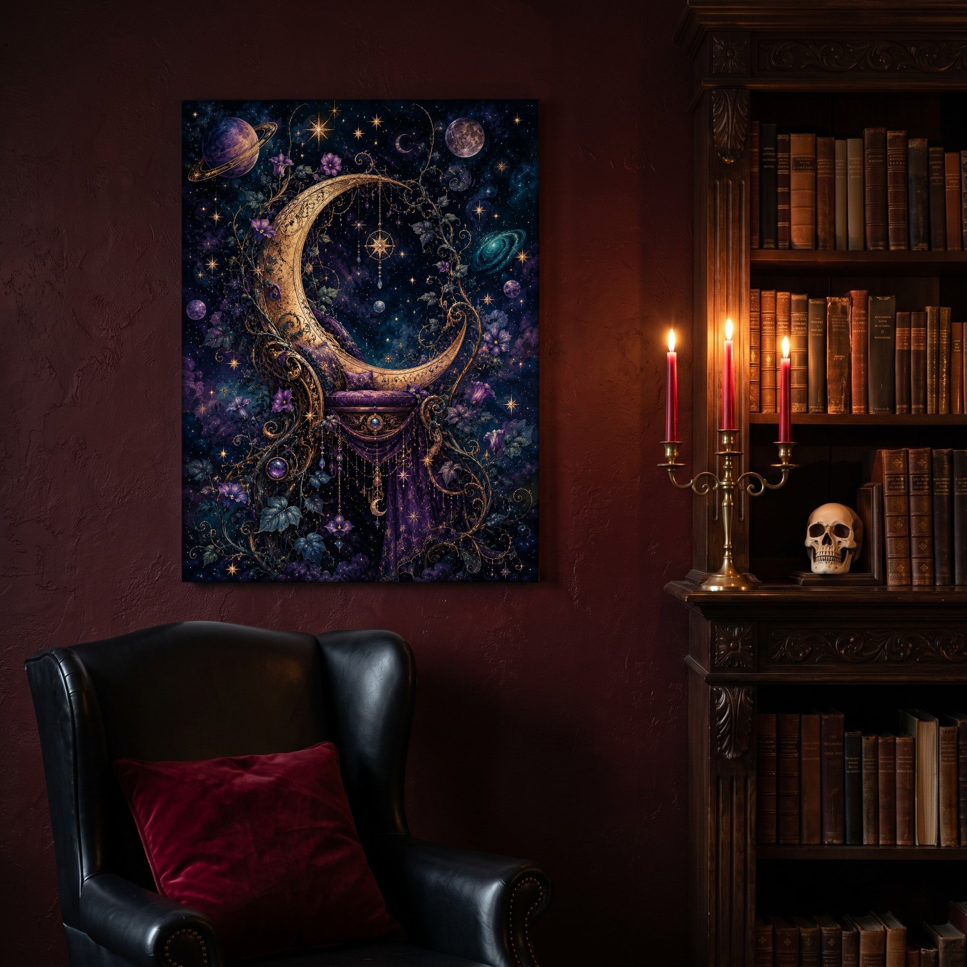 The Crescent Court celestial canvas hanging on a deep oxblood wall in a reading nook, above a black leather wingback chair with a red velvet cushion, beside a carved bookcase of antique books, a brass candelabra of lit red tapers and a human skull on the shelf.