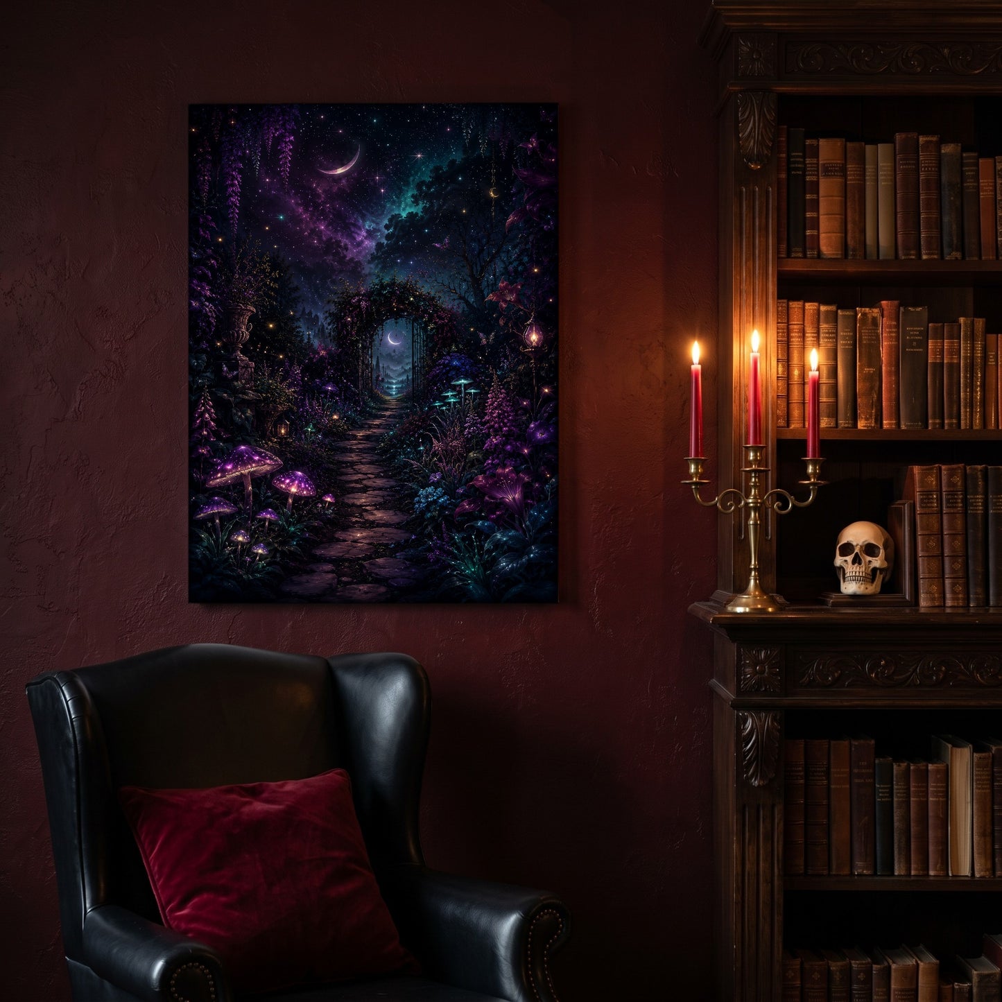 The Midnight Garden canvas hanging on a deep oxblood wall in a reading nook, above a black leather wingback chair with a red velvet cushion, beside a carved bookcase of antique books, a brass candelabra of lit red tapers and a human skull on the shelf.