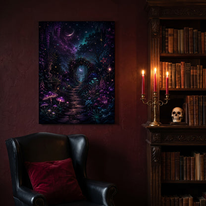 The Midnight Garden canvas hanging on a deep oxblood wall in a reading nook, above a black leather wingback chair with a red velvet cushion, beside a carved bookcase of antique books, a brass candelabra of lit red tapers and a human skull on the shelf.