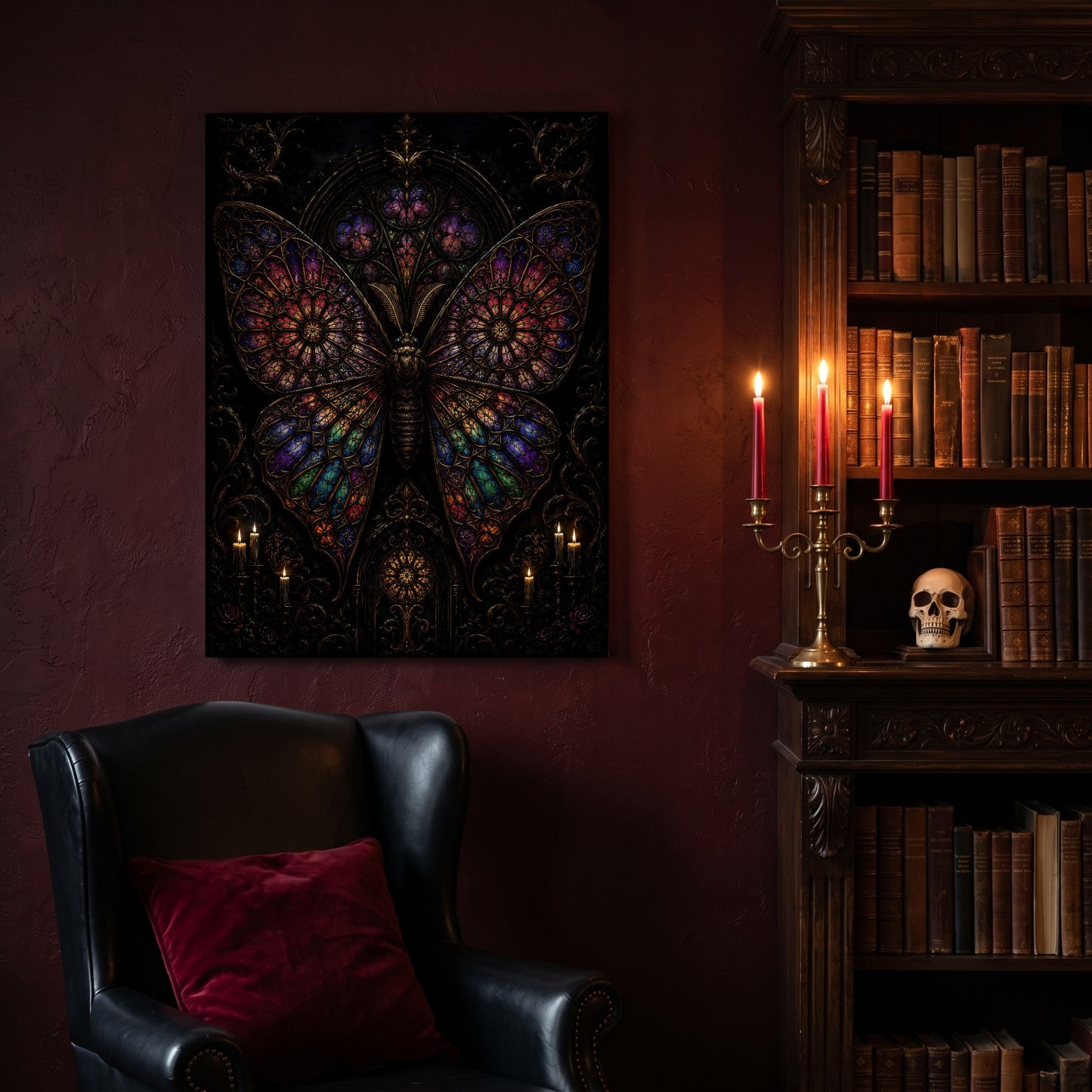 Vitrarium canvas hanging on a deep oxblood wall in a reading nook, above a black leather wingback chair with a red velvet cushion, beside a carved bookcase of antique books, a brass candelabra of lit red tapers and a human skull on the shelf.