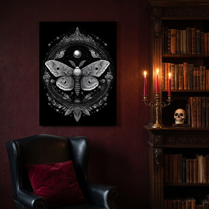 Vespers monochrome canvas hanging on a deep oxblood wall in a reading nook, above a black leather wingback chair with a red velvet cushion, beside a carved bookcase of antique books, a brass candelabra of lit red tapers and a human skull on the shelf.
