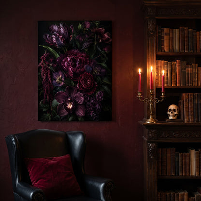 Umbra jewel-toned canvas hanging on a deep oxblood wall in a reading nook, above a black leather wingback chair with a red velvet cushion, beside a carved bookcase of antique books, a brass candelabra of lit red tapers and a human skull on the shelf.
