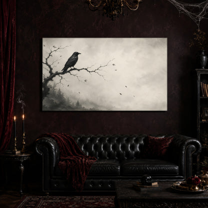 Hollow Morning crow canvas hanging above a black tufted Chesterfield sofa draped with a red fringed velvet throw, in a cobwebbed oxblood parlour with a brass chandelier, lit black tapers, red velvet curtains and a patterned rug.
