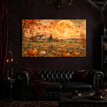 Homestead Moonrise canvas hanging above a black tufted leather sofa draped with a burgundy throw and cushion, in a cobwebbed oxblood parlour lit by black taper candles and a hanging chandelier, with books and a skull on the table below.