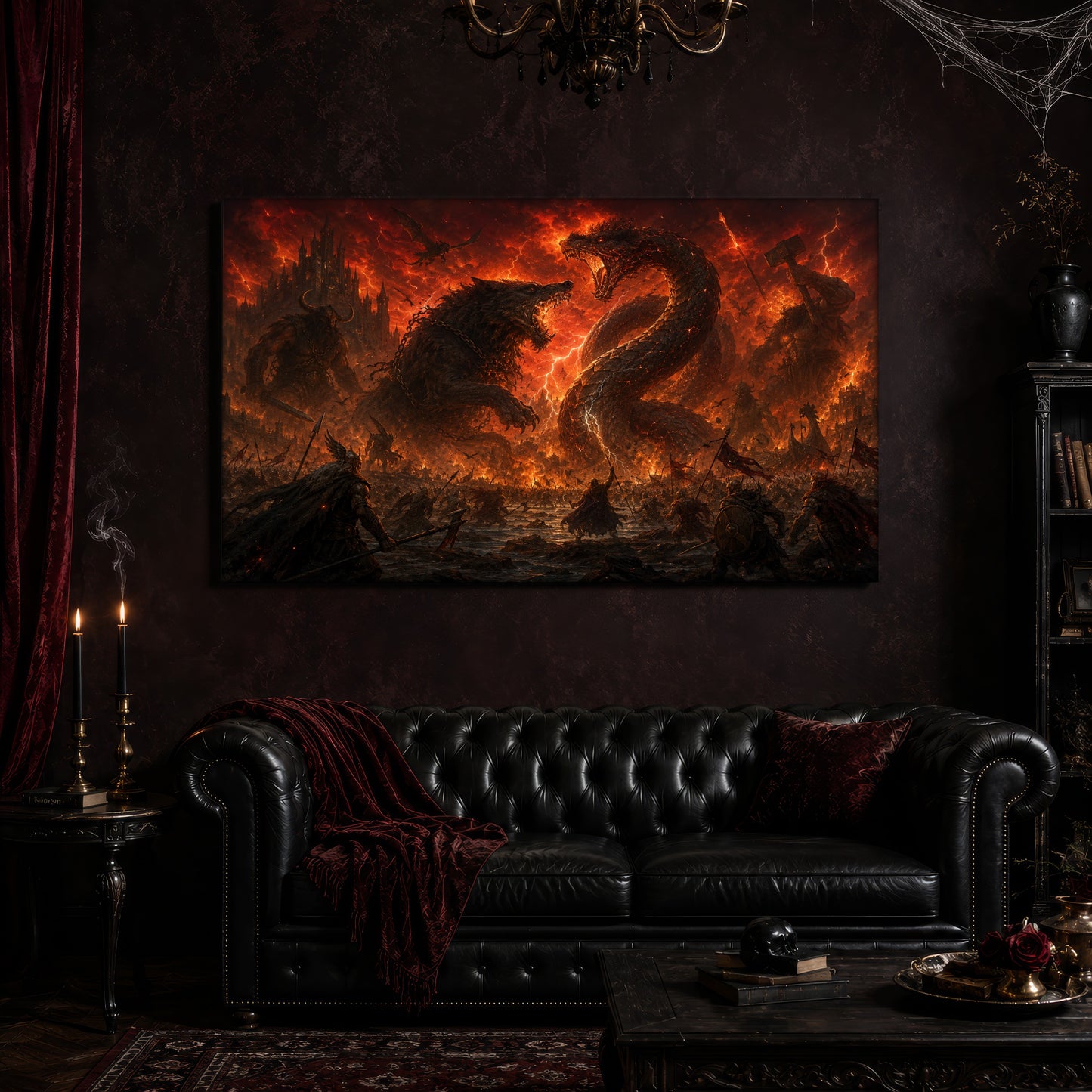 Twilight of the Gods canvas hanging above a black tufted Chesterfield sofa draped with a red fringed velvet throw, in a cobwebbed oxblood parlour with a brass chandelier, lit black tapers, red velvet curtains and a patterned rug.