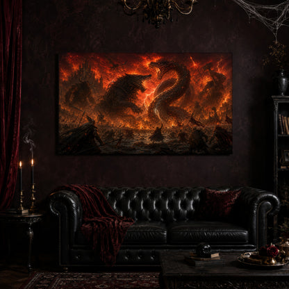 Twilight of the Gods canvas hanging above a black tufted Chesterfield sofa draped with a red fringed velvet throw, in a cobwebbed oxblood parlour with a brass chandelier, lit black tapers, red velvet curtains and a patterned rug.