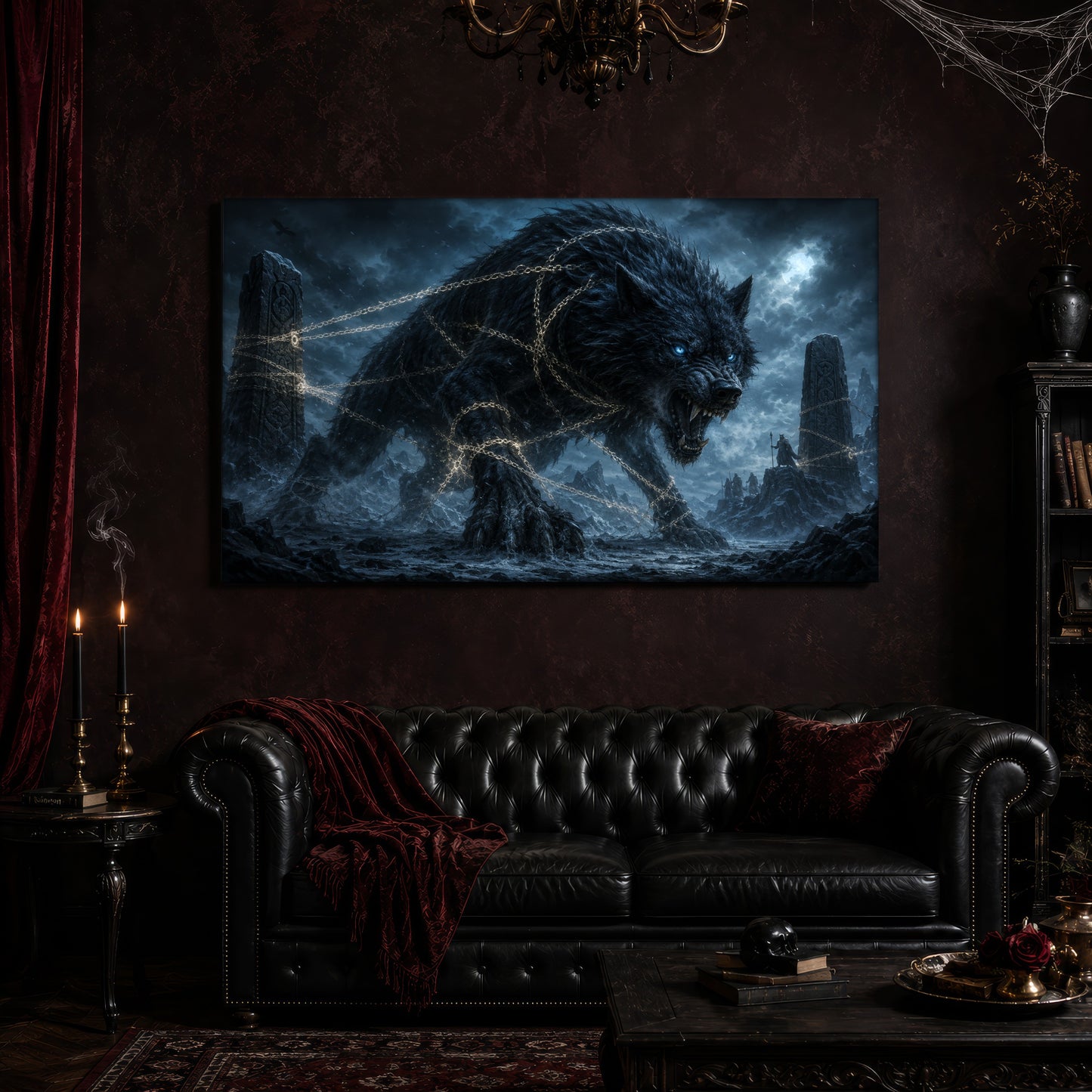 Fenrir canvas hanging above a black tufted Chesterfield sofa draped with a red fringed velvet throw, in a cobwebbed oxblood parlour with a brass chandelier, lit black tapers, red velvet curtains and a patterned rug.
