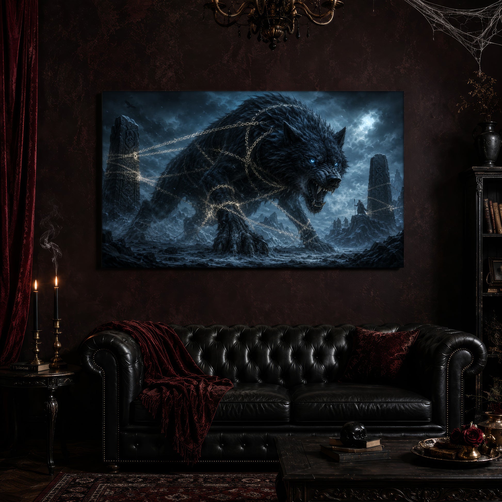 Fenrir canvas hanging above a black tufted Chesterfield sofa draped with a red fringed velvet throw, in a cobwebbed oxblood parlour with a brass chandelier, lit black tapers, red velvet curtains and a patterned rug.
